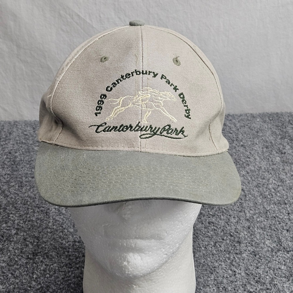 Vintage Canterbury Park Derby Hat Tan Green 1999 Horse Racing Cap Y2K Equestrian